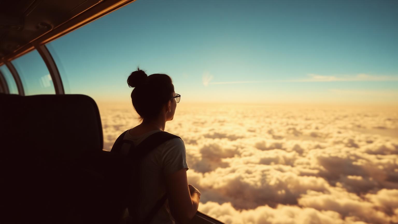 Viajera mirando el cielo desde la ventana del avión